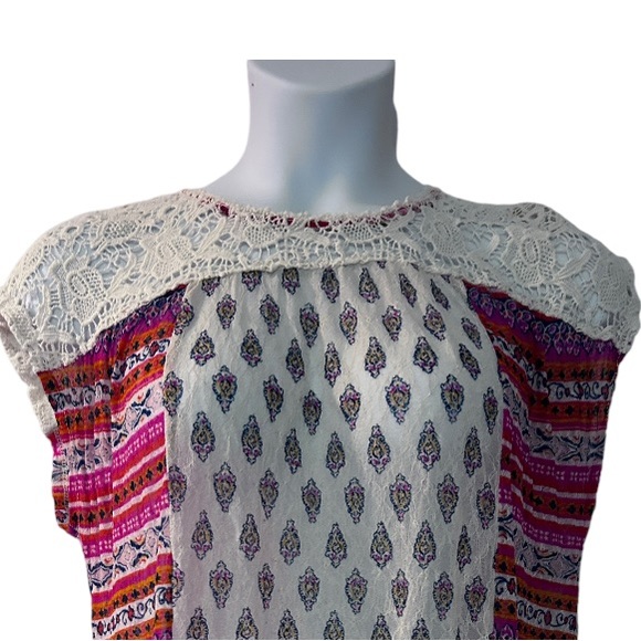 🩷Cato Stretch Mesh Lace Mixed Print Striped Boho Casual Sleeveless Summer Top - Picture 6 of 14